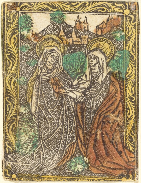 This is a painting featuring two figures with halos, set against a background of a medieval castle and a lush landscape. The artwork is done in a religious medieval style, with gilded halos, stylized drapery, a golden border with intricate foliate patterns, and small, dotted patterning throughout the depiction of the robes and background. The two figures are shown engaging in an interaction, set against a detailed countryside featuring green shrubs and an ornate town or castle.