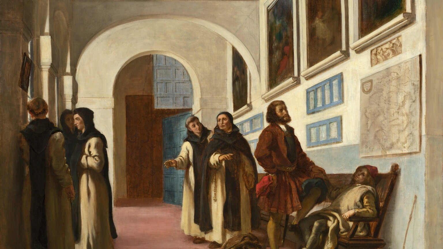 A bearded man, a young man, and five monks stand in a cream-white hall hung with a map and paintings in this horizontal painting. The people all have pale, peachy skin. The scene is lit from windows lining the wall to our left, where three monks stand, presumably talking. They and the other two monks wear long white robes with marine-blue hoods and cloth panels that hang down the fronts of the cassocks. Two monks have their hoods up and the other two have their hair cut into rings around their heads. The bearded man, Christopher Columbus, stands to the right on the other side of the hall, looking at a map hanging there. He has chin-length, dark hair and wears a bronze-brown, knee-length jacket, dark blue, knee-length pantaloons, and golden yellow stockings. His right hand, closer to us, is planted palm out against his hip, and he holds a red hat in that hand. The other foot is perched on a long bench that stretches along that wall. The young man sits and leans back on the bench with one forearm along the bench’s armrest. His other hand rests on Columbus’s knee, and Columbus rests his hand on that. The boy has long brown hair and wears a red cap, a parchment-white robe over yellow sleeves, sage-green stockings, and laced, toeless boots. Two bundles and a long stick are against the wall on our side of the bench. An object on the floor next to Columbus’s standing leg is covered by a brown cloth. A gold chain and a pink hoof protrude from the blanket. One of the monks standing behind Columbus wears a tight-fitting blue cap. A rosary hangs over his cassock from his waist, and extra panels of blue fabric drape down over his shoulders. Four paintings in our view hang near the high ceiling of the hall, which has arched openings and a pink floor. Doors or oversized shutters swing into view at the far end of the hall. The artist signed and dated the painting in the lower left corner, “Eug. Delacroix. 1838.”