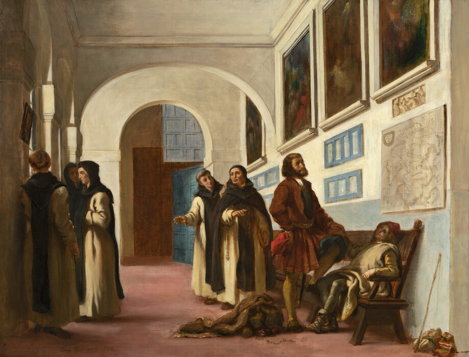A bearded man, a young man, and five monks stand in a cream-white hall hung with a map and paintings in this horizontal painting. The people all have pale, peachy skin. The scene is lit from windows lining the wall to our left, where three monks stand, presumably talking. They and the other two monks wear long white robes with marine-blue hoods and cloth panels that hang down the fronts of the cassocks. Two monks have their hoods up and the other two have their hair cut into rings around their heads. The bearded man, Christopher Columbus, stands to the right on the other side of the hall, looking at a map hanging there. He has chin-length, dark hair and wears a bronze-brown, knee-length jacket, dark blue, knee-length pantaloons, and golden yellow stockings. His right hand, closer to us, is planted palm out against his hip, and he holds a red hat in that hand. The other foot is perched on a long bench that stretches along that wall. The young man sits and leans back on the bench with one forearm along the bench’s armrest. His other hand rests on Columbus’s knee, and Columbus rests his hand on that. The boy has long brown hair and wears a red cap, a parchment-white robe over yellow sleeves, sage-green stockings, and laced, toeless boots. Two bundles and a long stick are against the wall on our side of the bench. An object on the floor next to Columbus’s standing leg is covered by a brown cloth. A gold chain and a pink hoof protrude from the blanket. One of the monks standing behind Columbus wears a tight-fitting blue cap. A rosary hangs over his cassock from his waist, and extra panels of blue fabric drape down over his shoulders. Four paintings in our view hang near the high ceiling of the hall, which has arched openings and a pink floor. Doors or oversized shutters swing into view at the far end of the hall. The artist signed and dated the painting in the lower left corner, “Eug. Delacroix. 1838.”