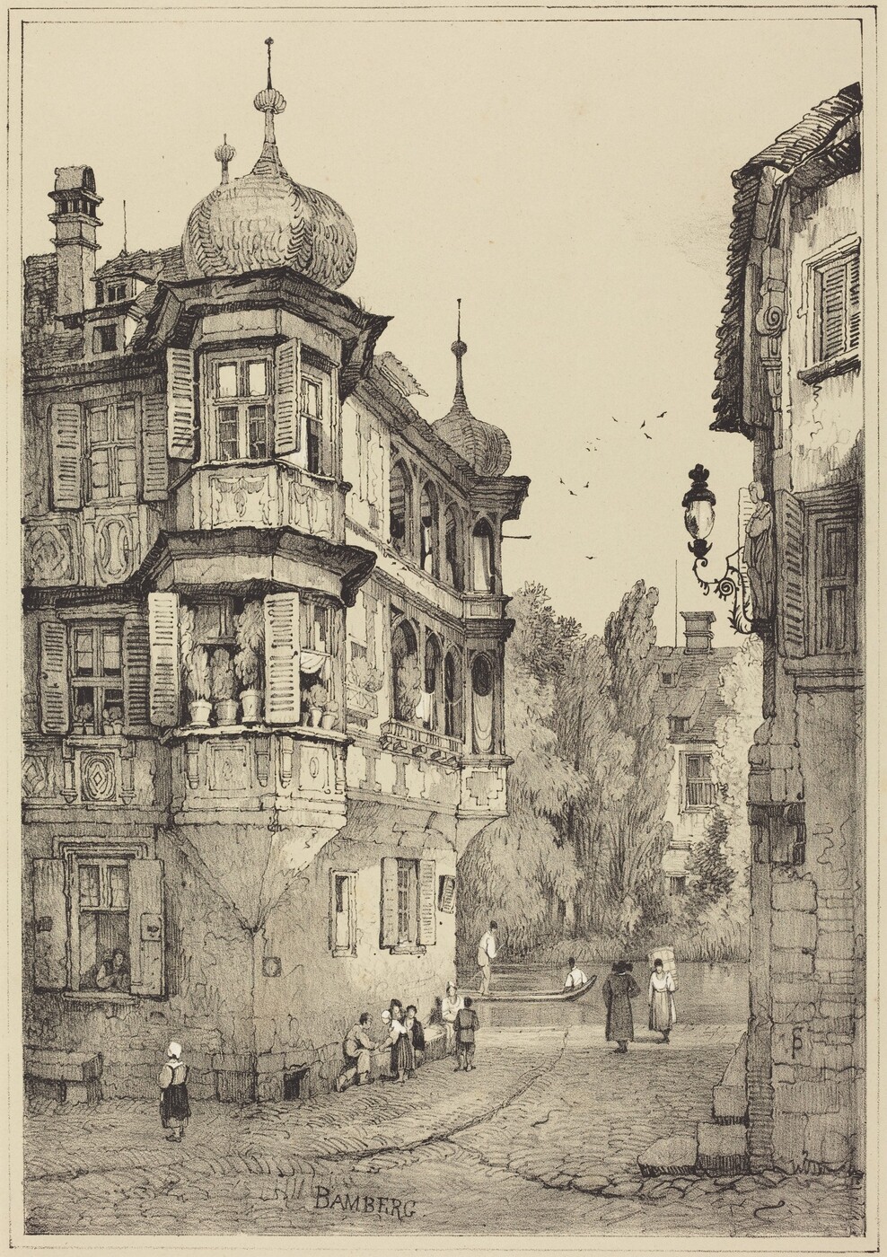 The image shows a street-level view of architectural details and activity in a historical town setting. The scene is focused on buildings, street life, and a group of people near a building corner. The buildings feature ornate windows, balconies, and textured facades with fine linework and shading. The illustration style is precise with delicate brushstrokes or sketch lines. The color palette is monochrome using black and white. In the distance, people walk on a cobbled pathway, surrounded by trees, with a figure rowing a boat on a waterway. Birds are visible in the sky.