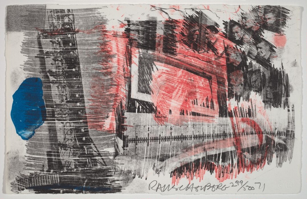 The image displays an intricate assembly of lines and forms, with vertical and horizontal strokes blending into a chaotic arrangement. A dominant section of red intersects with black lines resembling urban skyscrapers or industrial machinery. To the left, a vibrant blue shape provides contrast, evoking a cloud or a splash of water. Together, these elements create a sense of city-like structure seen through a distorted lens.