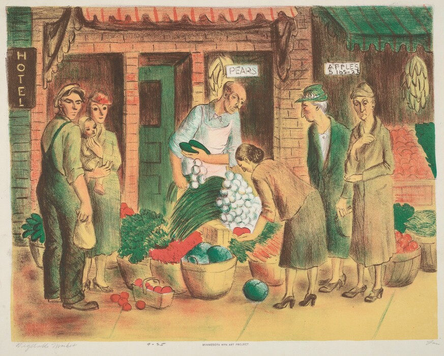 A painting of a market scene outside a building with various produce on display. The artwork depicts an outdoor market setting, where a vendor is showing cucumbers to onlookers, while an assortment of produce such as green vegetables, apples, and pears are displayed. Signs indicate the items being sold and their prices. The scene is full of rich, earthy colors and detailed textures. The style is reminiscent of Diego Rivera, characterized by social realism and a focus on everyday scenes of work and life.