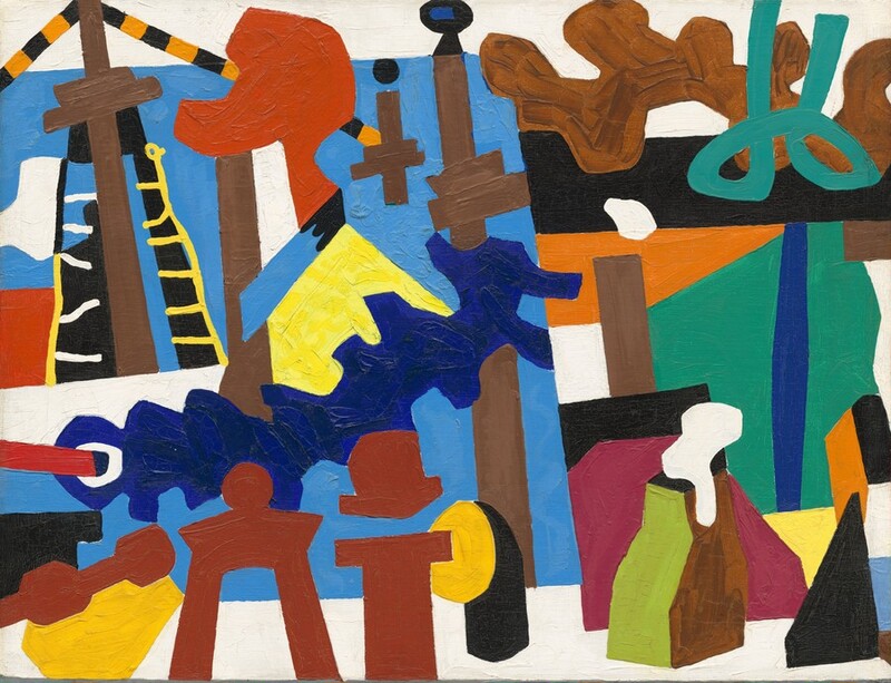 Vividly colored, curved and straight-edged geometric shapes are piled and layered against a background of chalk white in this horizontal abstract composition. The paint is applied thickly with visible brush strokes. The shapes that fill the canvas are painted in flat areas of canary and buttercup yellow, cobalt blue, beet and brick red, pumpkin orange, kelly green, white, or black. Three vertical, cinnamon-brown bands are spaced along a sky-blue square, which nearly spans the left half of the composition. The tall brown forms can be read as masts while some of the other shapes can be the water, sails, rigging, anchors, and the forms of ships.