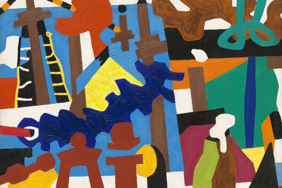 Vividly colored, curved and straight-edged geometric shapes are piled and layered against a background of chalk white in this horizontal abstract composition. The paint is applied thickly with visible brush strokes. The shapes that fill the canvas are painted in flat areas of canary and buttercup yellow, cobalt blue, beet and brick red, pumpkin orange, kelly green, white, or black. Three vertical, cinnamon-brown bands are spaced along a sky-blue square, which nearly spans the left half of the composition. The tall brown forms can be read as masts while some of the other shapes can be the water, sails, rigging, anchors, and the forms of ships.