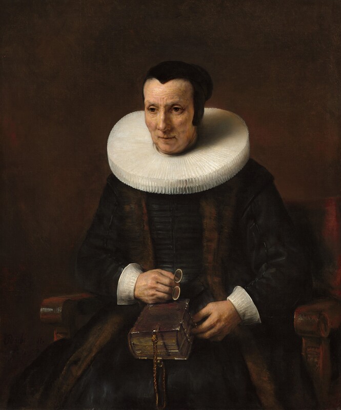Shown from the knees up, a pale-skinned woman wearing a black dress with white cuffs and a wide, starched collar sits in a wooden chair against a dark brown background in this vertical portrait painting. Her body faces us and she looks off to our left with brown eyes. She has slight jowls at her chin and her eyes, mouth, and forehead are lined. Her hair is pulled back under a close-fitting black cap. Extending straight from around her neck, her white collar is pleated into narrow figure-eights and nearly reaches her shoulders. She wears a brown stole over her velvety black dress, and both nearly blend with the dark background. She holds a pair of pince-nez spectacles in her right hand, which rests on a thick book in her lap. The spine faces her right, and the opposite edge is fastened with metal clasps. A braided cord affixed to the narrow end of the book near us creates a loop.