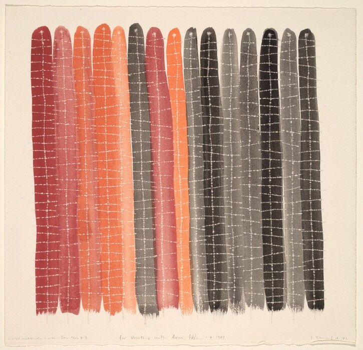 The image shows a series of vertical, elongated oval shapes in a row with grids of horizontal and vertical lines. The color palette transitions from deep reds and oranges on the left to varying shades of gray and black on the right. The shapes are textured with fine white lines, resembling a pattern similar to woven fabric. The repeated pattern and consistent spacing between the shapes convey an organized structure.