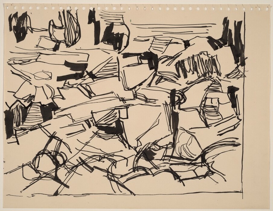 The image displays bold, irregular black lines and shapes on a light background, forming a complex abstract composition. The intersecting and overlapping lines create a sense of movement. Some areas have concentrated darker patches resembling silhouettes of objects such as vases or stacks of books.