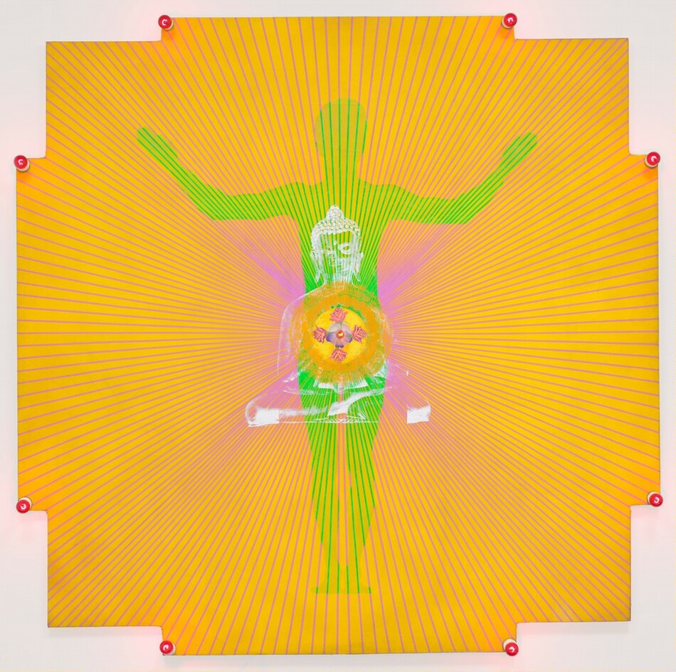 This painting shows radiating pink lines against a bright yellow background. The lines extend outward from the center, where there are three overlapping shapes. The largest is the green silhouette of a standing person, their feet together and their arms bent and raised. This green silhouette takes up a large amount of the painting. Overlapping with this silhouette is the white outline of a figure seated in a meditation posture. This figure has large, extended earlobes and a dot on their forehead, and their hair is in a knot on the top of their head. This outline overlaps with the torso and upper thighs of the green silhouette. The final shape at the center is a bright yellow circle with a purple flower in the middle with four pink roses around it. This circle overlaps with the torso of the meditating figure and the waist of the green silhouette.