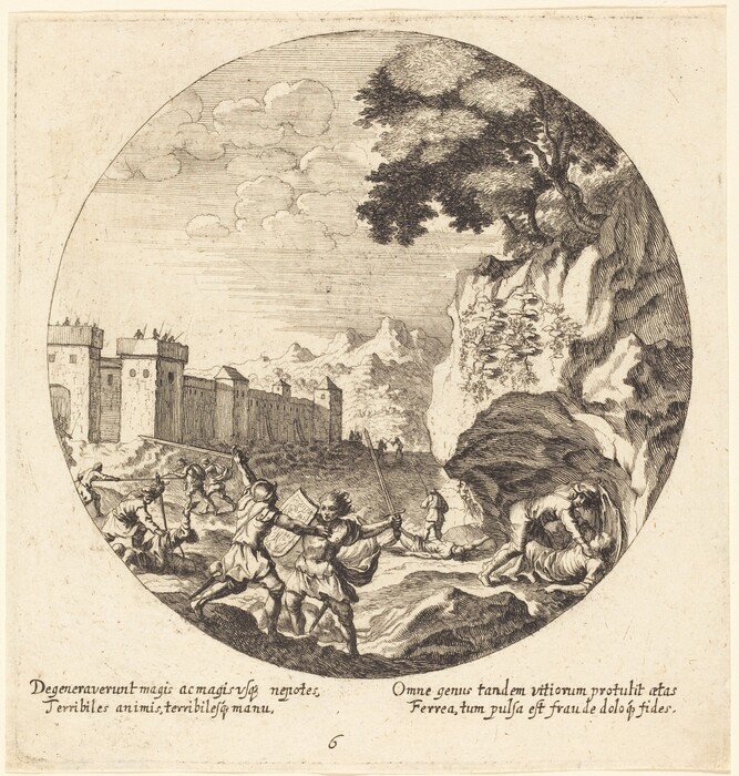 The image shows a scene of conflict near a fortified city wall. Figures are engaged in battle. The city wall has towers topped with battlements and stretches across the composition. Rugged mountains rise behind the wall, providing contrast. To the right, a rocky outcrop topped with trees is depicted. The artwork is created using an etching technique, displaying a monochrome palette with varying shades of gray and intricate line work defining shapes and figures.