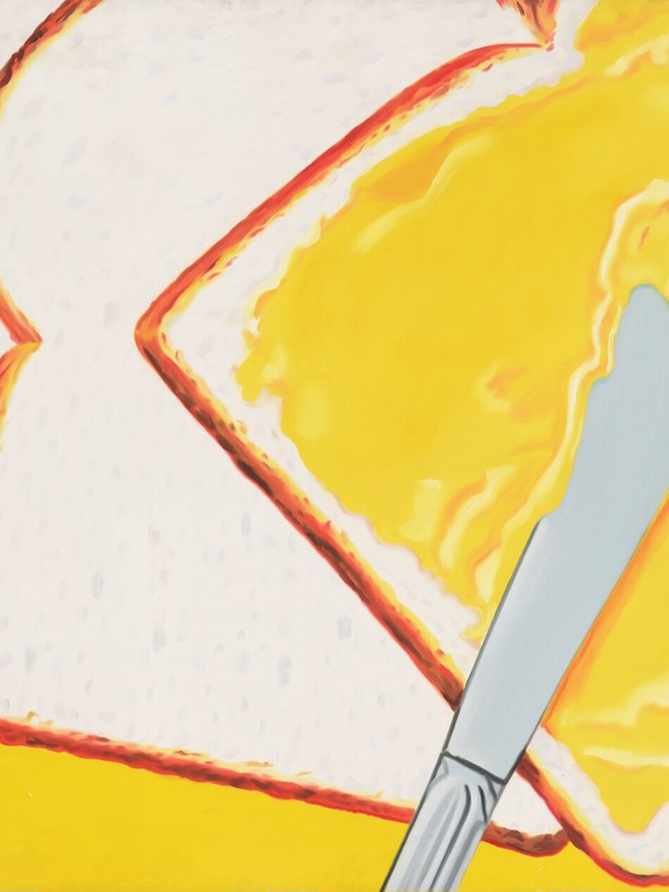 A silver butter knife rests across a slice of white bread so its rounded blade is covered with a layer of the vivid yellow spread, presumably butter, that covers the bread in this nearly square painting. The handle of the knife angles from near the bottom center of the composition up toward the top right corner. The handle is cropped by the bottom edge of the painting just below where it meets the blade. The bread on which it rests is also angled toward the upper right corner, so its curved top is cropped. Three more unbuttered slices of bread splay out like a fan beneath it, to our left and into the upper left corner. The bread is eggshell white with soft gray pockmarks to capture the air pockets in the crumb, and each slice has a deep, honey-brown crust. The glossy yellow butter glistens where the light catches it. The area around the slices of bread is the same vibrant yellow of the butter, along the bottom of the canvas.