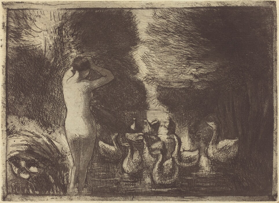 This is a painting featuring swans in a body of water surrounded by dense foliage. The image depicts a tranquil moment in nature with swans positioned in the water. The surrounding area is filled with trees and bushes, creating a canopy that frames the water. Light filters through the canopy, casting light areas on the water and darker tones in the landscape. The use of light and shadow suggests depth, while scratches and hatching technique add texture. This painting is in the style of Georges Seurat.
