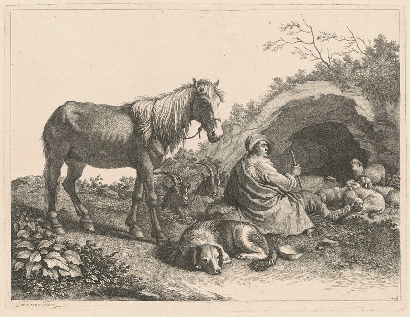 Seated Shepherd with Horse, Dog, Goats and Sheep