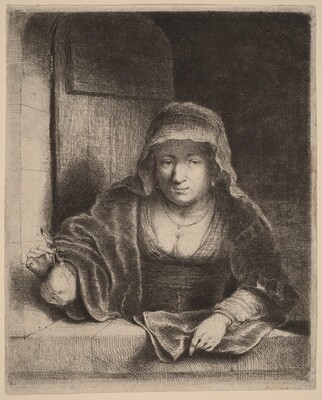“The Woman with the Pear”. The image displays the upper half of a woman behind a windowsill.