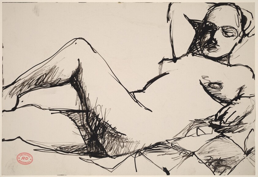 Untitled [female nude reclining on a checkered blanket]