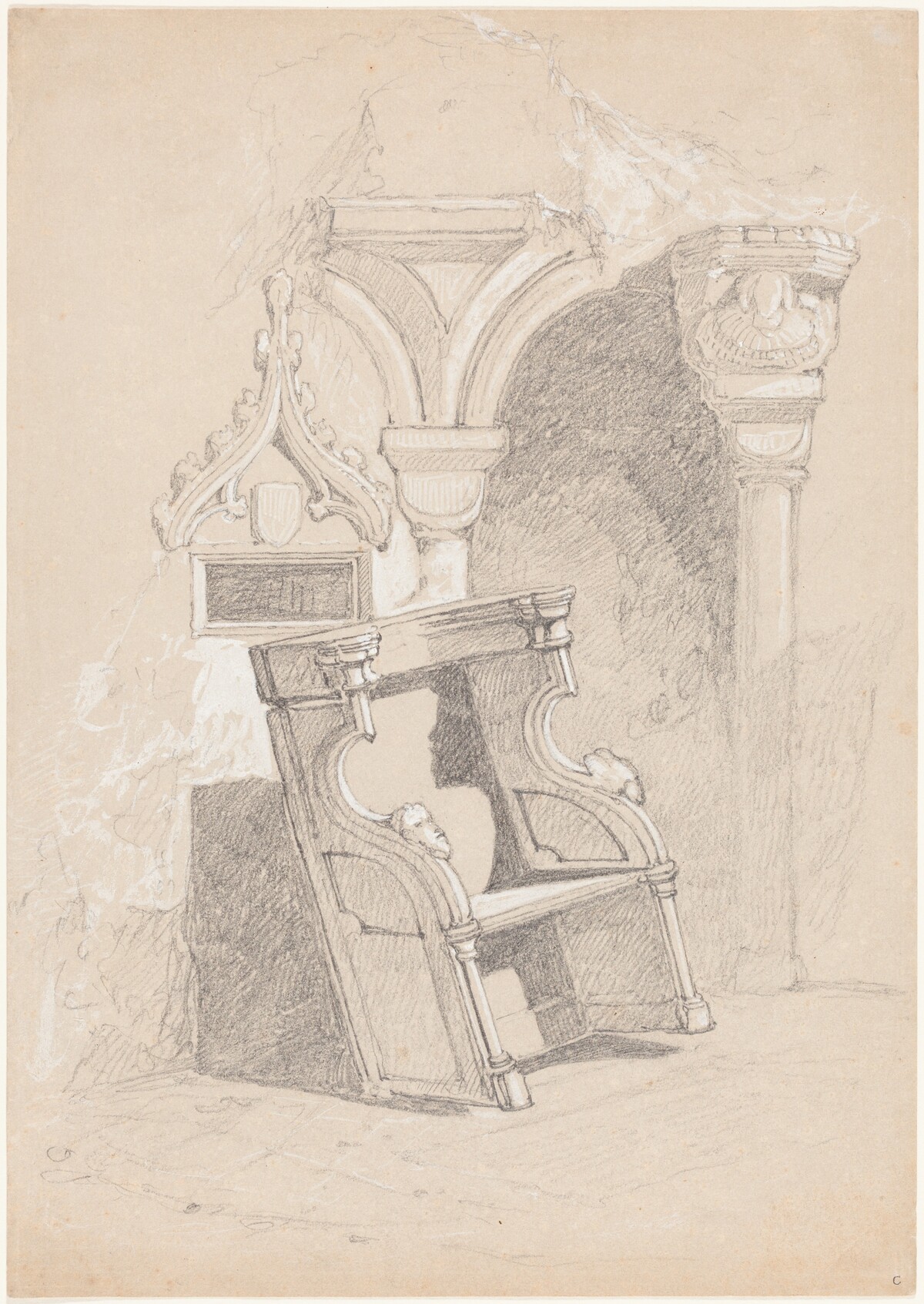 Sketch of Ruined Church Interior with Chair