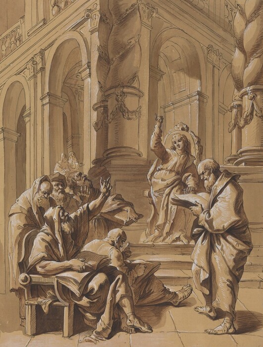 This is a painting of a group of figures in an architectural setting. The composition showcases a detailed scene with multiple figures gathered around a central figure seated on a raised platform. Surrounding the central figure are others, some gesturing upwards. The figures are draped in flowing robes, with an emphasis on intricate folds and gestures. The background features an ornate architectural structure with grand arches and twisted columns. The use of shading indicates depth and perspective.