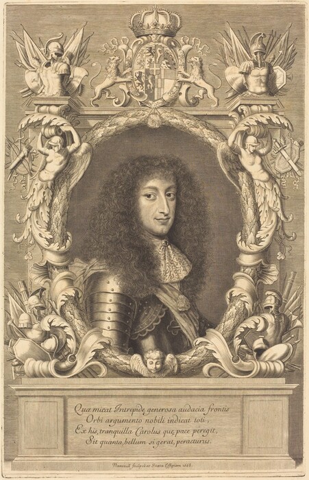 The image shows a waist-up portrait of a man within a decorative frame. The man has long curly hair, a calm expression, and is wearing regal attire. The frame features elaborate carvings and crests, including cherubs, draped figures, helmets, and a coat of arms. The background includes Roman soldier busts holding shields, and a Latin inscription on a plinth below the portrait.