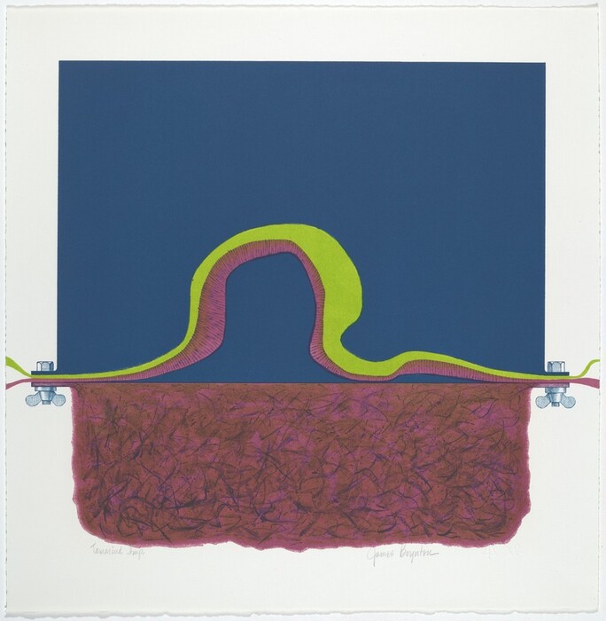 The image shows a central abstract shape resembling an inverted "U" composed of green and purple tones on a deep blue background. Below the shape is a textured, earthy brown area. Linear elements or pipes are connected to both sides of the image, with small geometric appendages that suggest mechanical parts.