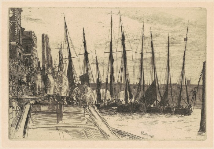 The image shows an etching of a riverside scene with a wooden barge in the foreground and sailboats docked in the background. People are gathered on the barge, and the riverbank is filled with buildings and crowds of people. The fine lines in the etching depict texture and movement in the water and sails. The color palette is sepia and black, creating a timeless quality. In the distance, arches of a bridge are visible.