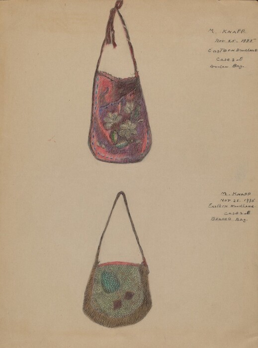 This is a drawing of two intricately designed bags. The image depicts two separate bags, each with its own unique color and design. The top bag displays a rich combination of purples and reds, with a floral motif in the center and is titled "Case A/Iroquois Bag." The lower bag has an earthy tone, with a more muted green and brown palette, featuring an abstract pattern, and is labeled "Bella Coola Dance Bag." Both bags are presented on a plain background with handwritten notes alongside them.