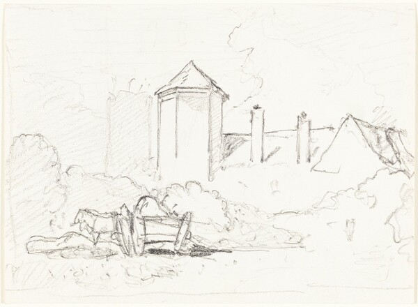 Sketch of Buildings with Cart and Horses in Foreground