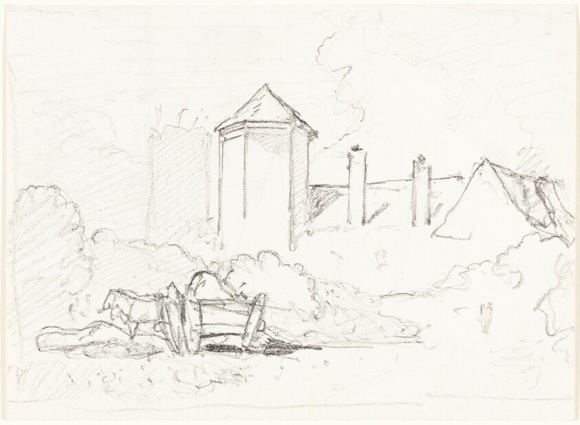 Sketch of Buildings with Cart and Horses in Foreground