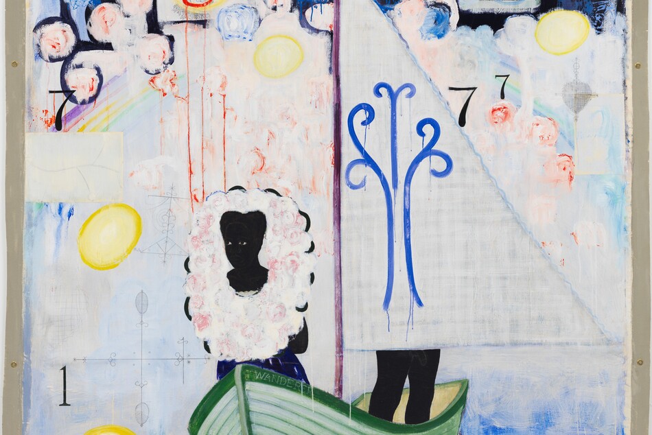A man and a woman with black skin stand in a sage and olive-green boat that comes toward us on a wavy, dripping band of cobalt blue that spans the lower edge of this loosely hanging, square canvas. The word “WANDERER” is written in white capital letters along the bow of the boat. Closer to us, in the boat, a woman is seen from the hips up. An oval, cloud-like form covers her torso, shoulders, and the area behind her head. It is white with rose-pink swirls, and has a few black lines creating scallops around the edge. A black shape at her waist, just over a cobalt-blue skirt, could indicate that at least one arm is bent behind her back. The penis, thighs, and knees of a man are seen between the boat and the triangular, pale lilac-purple sail. The sail is painted with long, curling strokes of violet purple up its center. A long, white pennant with two gold stars flutters from the boat’s burgundy-red mast, which has a crosspiece just below the pennant. The water is painted with strokes of royal blue, which partially drip over a white skull at the lower center. The boat is set against a background layered in washes of white, shell pink, and baby blue, with swirls and thin strokes of brick red scattered across it. A yellow sun outlined in deeper gold peeks above the horizon in the lower left, and is repeated with more orbs that together make an arc that curves to the upper right corner. A few geometric line drawings hover next to the woman, on our left, such as a compass-like cross with a crosshatched oval at each end. A black number "1" floats in the lower left, above the water, and a black number "7" floats near the upper left. Two more black sevens float near the upper right, next to another heart-shaped line drawing. The background transitions from the pale washes to darker orbs of pink and blue, that overlap a band of black that nearly spans the top edge. In that upper zone, a black, gold, and red compass floats near the top of the mast, to our left. A sheet with anatomical illustrations hangs from the left arm of the mast. The drawings show cell clusters and human fetuses, some circled in red. A second drawing of a house circled in lilac purple hangs on the right arm, next to a third drawing of concentric circles.