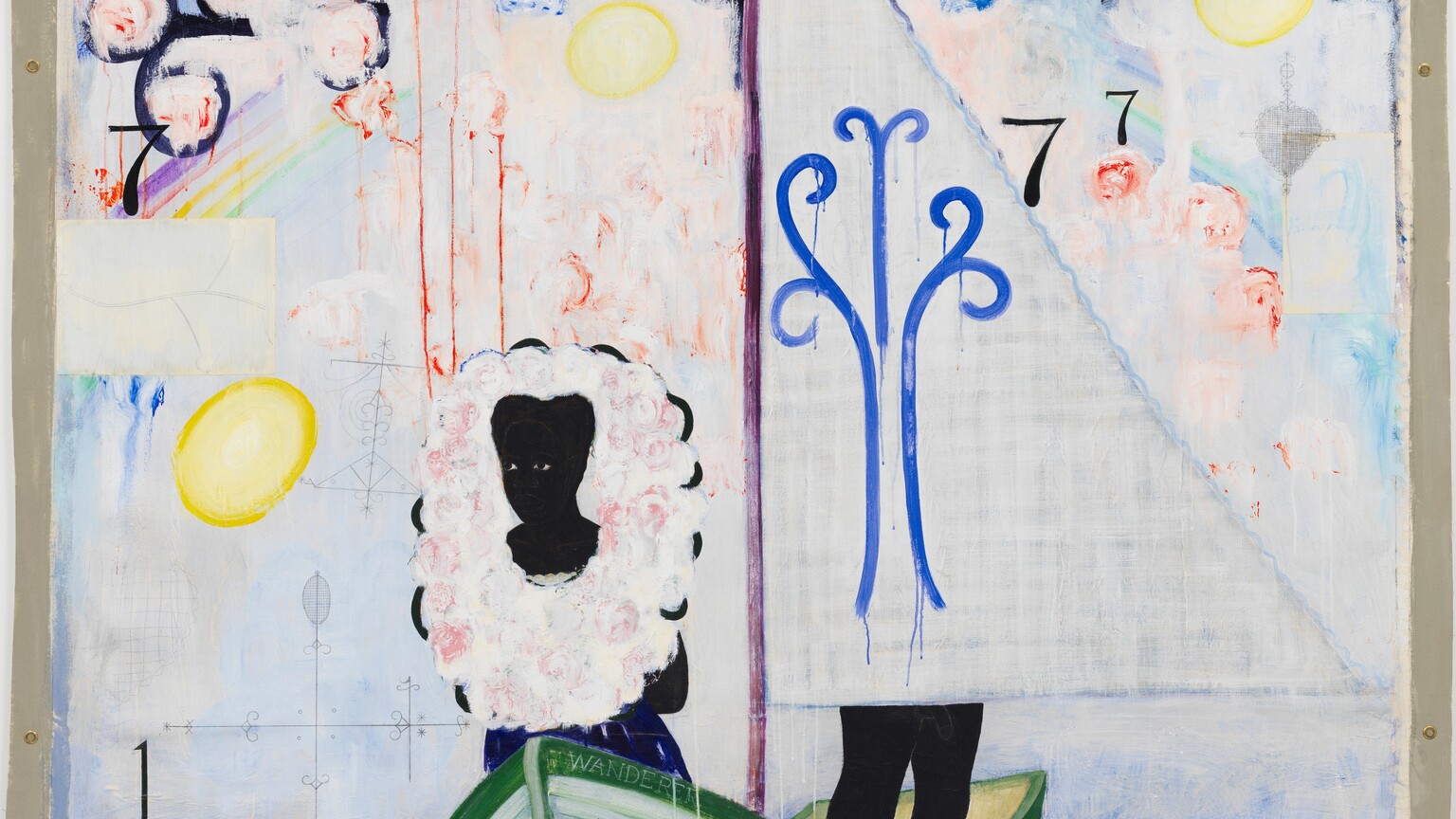 A man and a woman with black skin stand in a sage and olive-green boat that comes toward us on a wavy, dripping band of cobalt blue that spans the lower edge of this loosely hanging, square canvas. The word “WANDERER” is written in white capital letters along the bow of the boat. Closer to us, in the boat, a woman is seen from the hips up. An oval, cloud-like form covers her torso, shoulders, and the area behind her head. It is white with rose-pink swirls, and has a few black lines creating scallops around the edge. A black shape at her waist, just over a cobalt-blue skirt, could indicate that at least one arm is bent behind her back. The penis, thighs, and knees of a man are seen between the boat and the triangular, pale lilac-purple sail. The sail is painted with long, curling strokes of violet purple up its center. A long, white pennant with two gold stars flutters from the boat’s burgundy-red mast, which has a crosspiece just below the pennant. The water is painted with strokes of royal blue, which partially drip over a white skull at the lower center. The boat is set against a background layered in washes of white, shell pink, and baby blue, with swirls and thin strokes of brick red scattered across it. A yellow sun outlined in deeper gold peeks above the horizon in the lower left, and is repeated with more orbs that together make an arc that curves to the upper right corner. A few geometric line drawings hover next to the woman, on our left, such as a compass-like cross with a crosshatched oval at each end. A black number "1" floats in the lower left, above the water, and a black number "7" floats near the upper left. Two more black sevens float near the upper right, next to another heart-shaped line drawing. The background transitions from the pale washes to darker orbs of pink and blue, that overlap a band of black that nearly spans the top edge. In that upper zone, a black, gold, and red compass floats near the top of the mast, to our left. A sheet with anatomical illustrations hangs from the left arm of the mast. The drawings show cell clusters and human fetuses, some circled in red. A second drawing of a house circled in lilac purple hangs on the right arm, next to a third drawing of concentric circles.