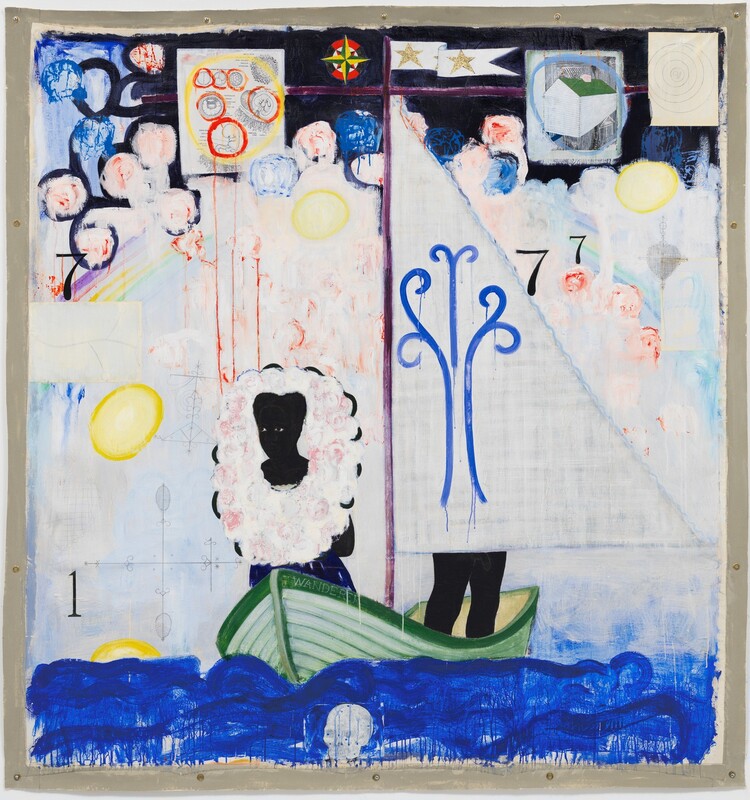 A man and a woman with black skin stand in a sage and olive-green boat that comes toward us on a wavy, dripping band of cobalt blue that spans the lower edge of this loosely hanging, square canvas. The word “WANDERER” is written in white capital letters along the bow of the boat. Closer to us, in the boat, a woman is seen from the hips up. An oval, cloud-like form covers her torso, shoulders, and the area behind her head. It is white with rose-pink swirls, and has a few black lines creating scallops around the edge. A black shape at her waist, just over a cobalt-blue skirt, could indicate that at least one arm is bent behind her back. The penis, thighs, and knees of a man are seen between the boat and the triangular, pale lilac-purple sail. The sail is painted with long, curling strokes of violet purple up its center. A long, white pennant with two gold stars flutters from the boat’s burgundy-red mast, which has a crosspiece just below the pennant. The water is painted with strokes of royal blue, which partially drip over a white skull at the lower center. The boat is set against a background layered in washes of white, shell pink, and baby blue, with swirls and thin strokes of brick red scattered across it. A yellow sun outlined in deeper gold peeks above the horizon in the lower left, and is repeated with more orbs that together make an arc that curves to the upper right corner. A few geometric line drawings hover next to the woman, on our left, such as a compass-like cross with a crosshatched oval at each end. A black number "1" floats in the lower left, above the water, and a black number "7" floats near the upper left. Two more black sevens float near the upper right, next to another heart-shaped line drawing. The background transitions from the pale washes to darker orbs of pink and blue, that overlap a band of black that nearly spans the top edge. In that upper zone, a black, gold, and red compass floats near the top of the mast, to our left. A sheet with anatomical illustrations hangs from the left arm of the mast. The drawings show cell clusters and human fetuses, some circled in red. A second drawing of a house circled in lilac purple hangs on the right arm, next to a third drawing of concentric circles.
