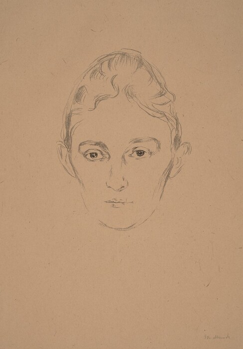 The image is a pencil drawing showing a person's head and neck in the center of the frame. The portrait features a person facing forward with neutral facial features. The drawing includes detailed eyes, a straight nose, closed lips, and roughly sketched hair styled back. It is done on a plain sheet of paper with no clothing, objects, jewelry, or accessories visible. The background is blank, emphasizing the pencil sketch on the paper.