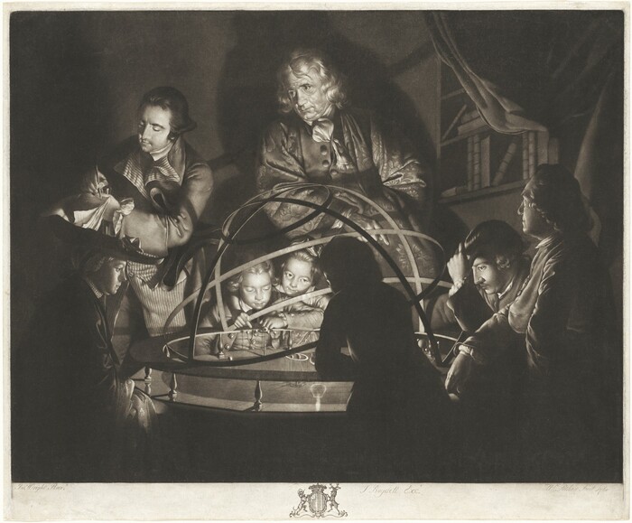 This print shows a group of people around a large orrery: an intricate mechanical model of the solar system with curving strips of metal creating a dome. Eight people are depicted around the orrery on a table, including four men, three children, and one woman. One man stands in the center, directly behind the orrery, one hand in his pocket. He has white hair and wrinkled skin, and he is looking to the left, towards a man with dark hair who is writing in a notebook. Two children stand between these men, leaning on the orrery and looking into the center, their faces peeking through the metallic rings. On the bottom left, a woman sits looking at the orrery, wearing a long hat and a dark cloak over a dress, with strings of pearls around her neck. On the right, two other men stand by the orrery, partially in shadow. One man looks at the model while the other looks up, towards the standing man in the center. In front of the orrery, the third child is leaning against the model with their back to us, silhouetted against the light that seems to emanate from the orrery. The scene is set in a dimly lit room with a bookcase in the background and draped cloth hanging near the top right corner.