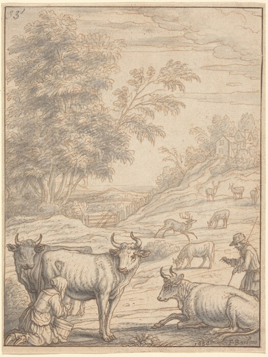 The image shows a pastoral scene viewed from a slightly elevated angle. The horizon is in the upper third of the image, with a cluster of buildings on the right. The drawing is done in a soft style with fine graphite strokes and gray washes. In the foreground, a woman is milking a cow, while other cows are resting nearby. A man tends to the animals further away, with more cows grazing in the field. Lush trees frame the scene on the left. The color palette consists of muted grays and light browns.