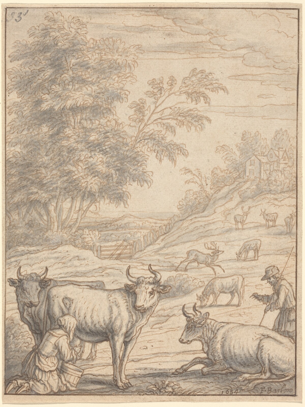 A Meadow with Cattle and Deer
