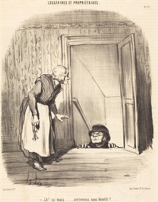 This image depicts a person looking through a floor trapdoor from below. The room has a textured or patterned wall. An elderly figure stands inside the room, bent forward while holding a set of keys. Another figure is partially visible from the trapdoor, their hands clasped on the edge as they look upwards. The drawing seems to focus on the interaction between these two figures in a confined space. The title at the top is "LOCATAIRES ET PROPRIÉTAIRES," suggesting a relationship dynamic.