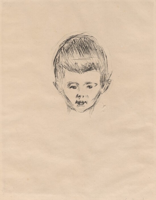 The image depicts a simple line sketch of a young person's head facing forward. The facial features include closed eyes and a slightly open mouth. The hair is styled in a short, combed-over fashion with distinct lines showing the strands. The plain background lacks any additional elements or objects.