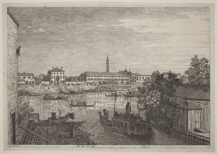 The image shows a canal or waterway with boats docked along the edge. A detailed boat with people is closest to the viewer. Behind the boats are large multi-story buildings lining the water's edge. A tall steeple rises above the buildings on the horizon. The sky is cloudless with textured engravings. The monochrome composition consists of etched lines in black and gray. Trees are interspersed with the buildings.