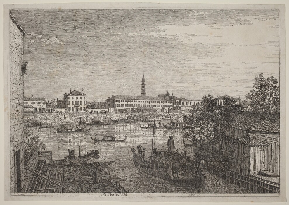 The image shows a canal or waterway with boats docked along the edge. A detailed boat with people is closest to the viewer. Behind the boats are large multi-story buildings lining the water's edge. A tall steeple rises above the buildings on the horizon. The sky is cloudless with textured engravings. The monochrome composition consists of etched lines in black and gray. Trees are interspersed with the buildings.