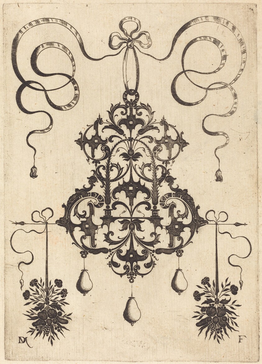 Large Pendant, Lower Left and Right Two Bunches of Grass, Flowers, and Fruit