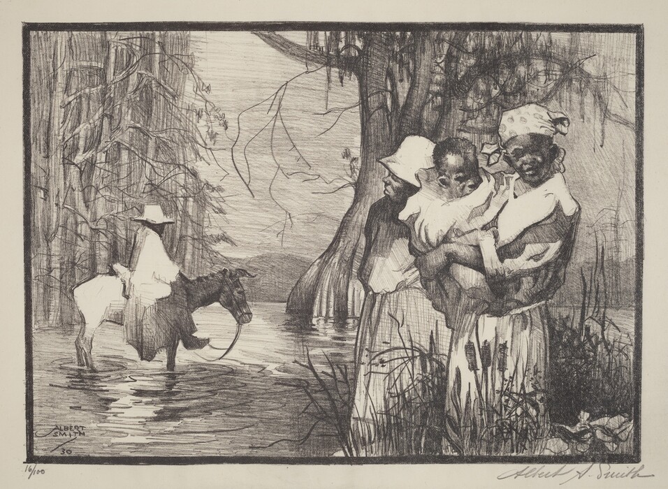 The image shows three African American figures outdoors. On the right, a woman holds a baby. Beside her is another woman wearing a wide-brimmed hat. In the background to the left, a person is on a horse partially submerged in water. Tall trees and dense vegetation surround the scene.