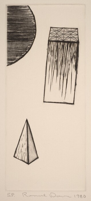 The image contains various abstract shapes including a semi-circle filled with horizontal lines in the top left corner, a rectangular form with vertical streaks and a triangular grid pattern at the top in the center, and a sharp triangular prism shape at the bottom. The lines and angles overlap to create an abstract composition. The combination of slanting lines, diagonal crosshatching, and varying thicknesses adds depth and dimension to the image.