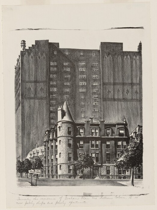 The image shows two large buildings viewed from a direct angle. The closest building is a multi-story residence with a turret, steep gables, intricate stonework, and windows. Behind it is a taller building with a gothic appearance. The focus is on the contrast between the two buildings, depicted in shades of gray. The use of detailed brushstrokes emphasizes texture and depth in the image.