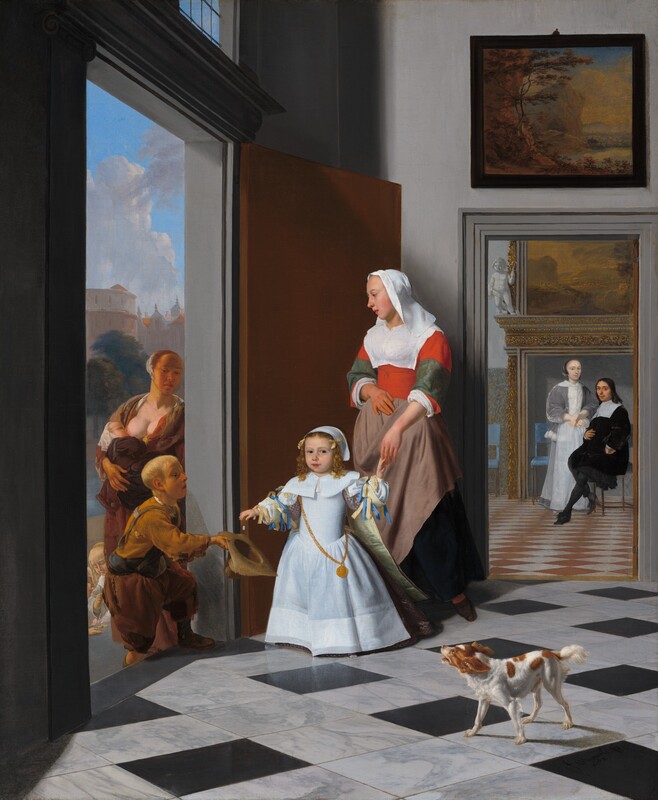 A child and woman stand at the open door of an entryway with black and white marble floors, as the child drops a coin into the hat of a disheveled boy accompanied by a nursing mother across the threshold in this vertical painting. Beyond the entryway, a man and woman look on from a room with a landscape painting hanging over a tall mantle. All the people have pale skin. The child standing with the woman inside, near the door, looks at us with gray eyes. Blond ringlets frame a round face with full cheeks, a snub nose, and parted coral-red lips. The ringlets are tied with butter-yellow ribbons and the rest of the head is covered with a white cap. The child’s garment has a wide, flaring, flat collar, a tight-fitting bodice, and a flaring, floor-length skirt. Pale plum-purple, puffy sleeves are tied with pale yellow and azure-blue ribbons, and a cape of the same fabric lined with pale grass-green falls from the shoulders. A medallion hangs from a thick gold chain looped over the child’s right shoulder, to our left, across to the opposite hip. The child touches the hand of the woman standing behind with one hand, to our right, and drops a silver coin into the proffered hat with the other. The woman’s body faces us but she turns her oval-shaped face to look down at the boy holding out his hat. She wears a scarlet-red, long-sleeved bodice with a wide, white collar over her chest. A taupe-brown apron covers her dark skirt and her bonnet is long on the sides, draping to brush her shoulders. She rests her right hand, to our left, on her stomach and touches the fingertips of the child in front of her with the other. Near the lower right corner of the painting, a small white dog with ginger-brown spots stands on the black and white marble floor, looking up toward the exchange. Light pours into the entryway through the open door and a transom window above it. The walls are light gray and the doorways are surrounded with darker gray molding. A painting of a landscape hangs above the doorway leading to the room beyond. The man and woman there look at us from in front of a mantle that is taller than the woman who stands next to the man, who is seated. The woman’s hair is pulled back under a cap, and she wears a silver-gray dress lined with a wide band of white fur. She holds one hand to her waist and gestures toward the foyer with the other. The man wears a black suit with a wide, flat collar. The floor in this room is a checkerboard pattern of white and brick-red squares, and sky-blue panels with gilded leafy designs cover part of the walls. A carved stone cherub like a small, chubby child, stands on the mantle to our left, next to the landscape painting there. Back in the entryway, across the threshold, the boy steps with one foot onto the floor of the foyer as he holds out his frayed, brimmed hat. He has short-cropped blond hair and wears a mustard-yellow shirt with tattered brown pants. The nursing woman stands next to the door, out of sight of the people inside, holding a baby to one round breast. The boy and woman’s faces, necks, and hands are noticeably tanned, almost orange. Two small children huddle, almost out of sight, in the narrow space between the boy and the left edge of the painting. They look down onto a few light tan disks, perhaps coins, on the step in front of them. In the distance beyond the family are a few trees and buildings beneath a vibrant blue sky with puffy white clouds. The artist signed and dated the painting in the lower right corner, “J. Ochtervelt f. 1663.”