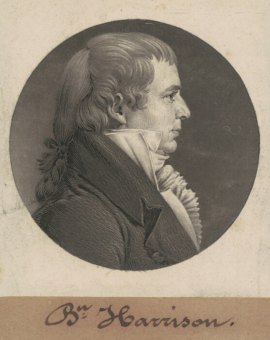 The image is a portrait of a man in profile, facing right. He is sitting upright, facing forward. The man has defined facial features, strong eyebrows, and styled hair typical of the late 18th or early 19th century. He wears a high-collared shirt with a ruffled front and a dark coat with wide lapels. The background is a dark oval. Below the portrait, the name "B. Harrison" is written.