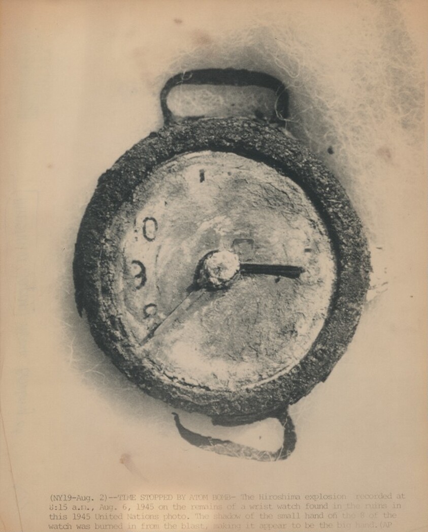 Title from caption on object: “Time Stopped by Atom Bomb”