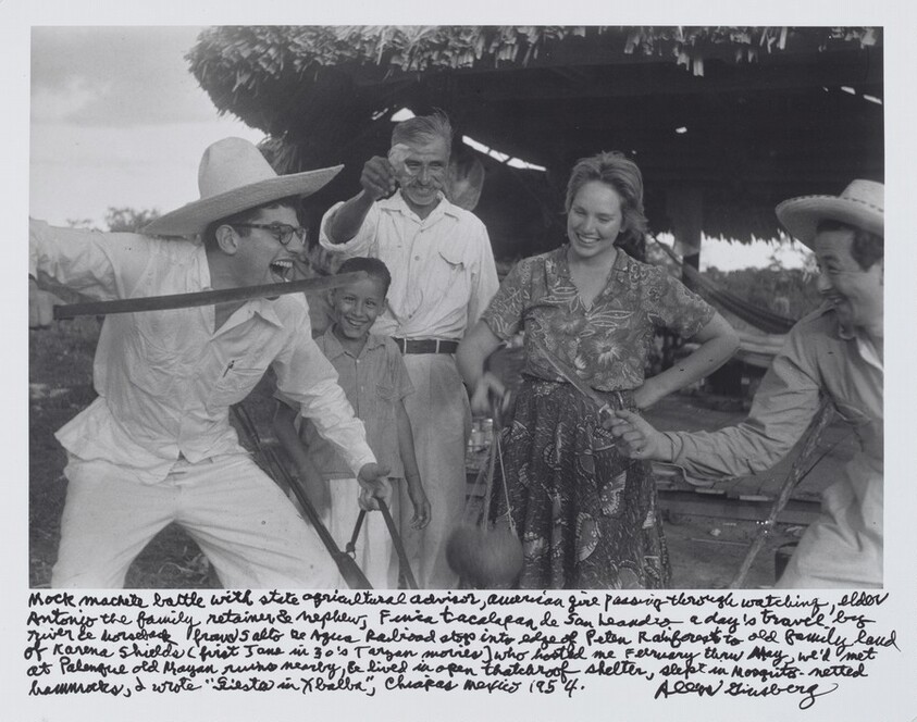 Mock machete battle with state agricultural advisor, American girl passing through watching, elder Antonio the family retainer & nephew, Finca Tacalapan de San Leandro a day’s travel by river & horseback from Salto de Agua Railroad stops into edge of Petén Rainforest to old family land of Karena Shields (first Jane in 30s Tarzan movies) who hosted me February thru May, we’d met at Palenque old Mayan ruins nearby, & lived in open thatchroof shelter, slept in Mosquito-netted hammocks, I wrote “Siesta in Xbalba”, Chiapas Mexico 1954.