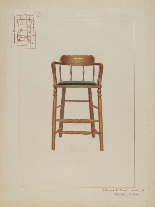 The image shows a wooden chair with a curved back and a green cushioned seat. The chair is centered in the frame against a neutral background. In the upper left corner, there is a sketch displaying the dimensions and design elements of the chair. The chair is facing towards the viewer, offering a detailed view of its structure and design.