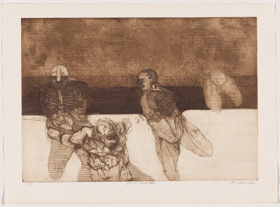 The image displays abstract depictions of several figures. The figures appear skeletal, with shapes like bones or muscles visible. Two standing figures appear to lead a third figure that is kneeling or being dragged towards the left of the image. To the right is the faint shape of what could be a fourth figure, although only their lower body is visible. The bottom half of the background is white, while the upper half is a gradient of brown tones with abstract lines and shapes creating texture.