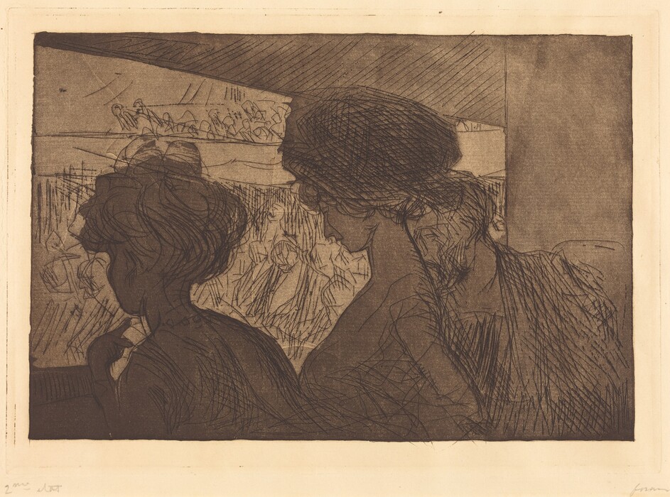 The image shows three people from the shoulders up, sitting closely together. The person on the left has voluminous wavy hair, the one in the center has tightly drawn back or styled hair, and the person on the right has light facial features defined by long, slanting lines. Their clothing is closely fitting with textured lines suggesting fabric folds. The background appears to be indoors, with suggestive lines indicating a crowd or busy space. Above to the left are further indistinct forms, potentially suggesting spectators or an audience.