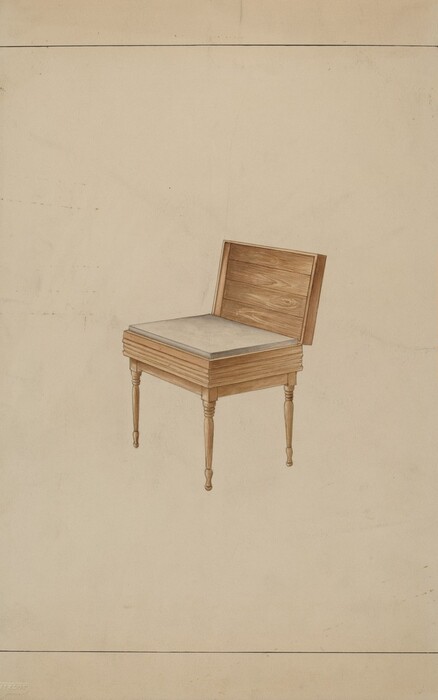 The image features a wooden chair or small bench with a hinged wooden backrest and an upholstered seat. It is situated centrally with a color palette mainly composed of light beige for the background and light brown wood tones for the furniture. The furniture piece is against a plain, neutral backdrop covering the entire frame.