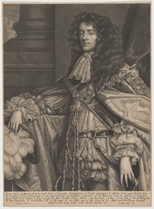 The image shows a portrait of a man depicted from the waist up. He is positioned in a seated posture, with his body turned slightly to one side while his head faces forward. The man has long, voluminous curly hair that cascades down around his shoulders, and he possesses distinct facial features with a calm expression. He is wearing opulent clothing, consisting of a richly decorated garment with large lace ruffles at the collar and cuffs, and adorned with a prominent necklace or chain featuring intricate designs. On his left arm is an emblem with the word "JOHNSON" visible. The man’s right hand rests on a fabric surface, while his left hand hangs relaxed by his side. The background includes a large, solid architectural column.